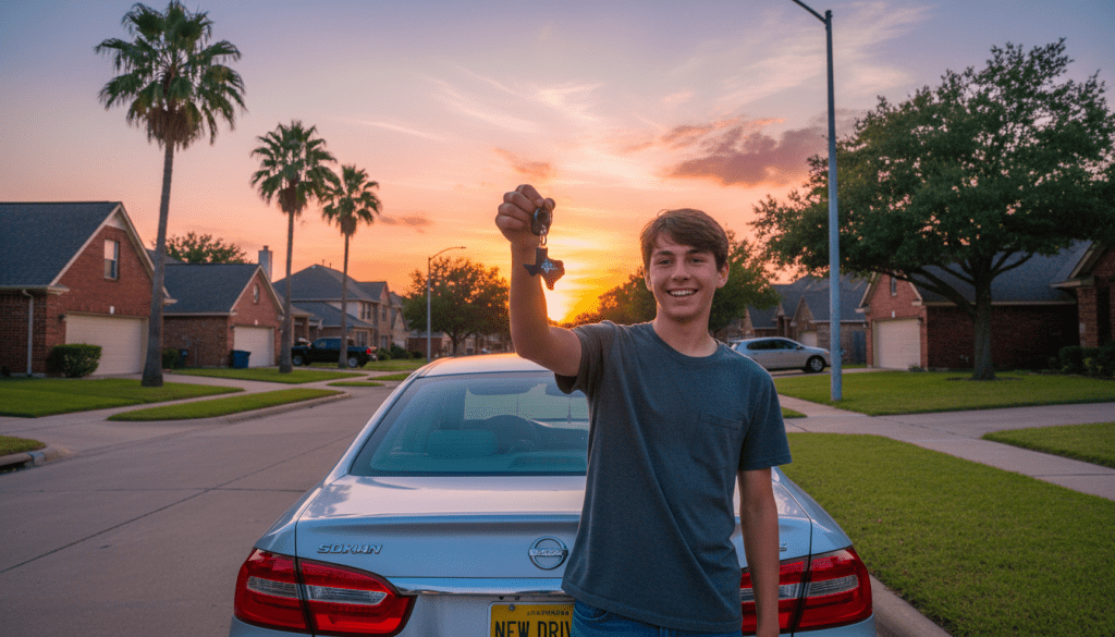 Young man standing behind a silver Nissan car holding up car keys with a sunset background