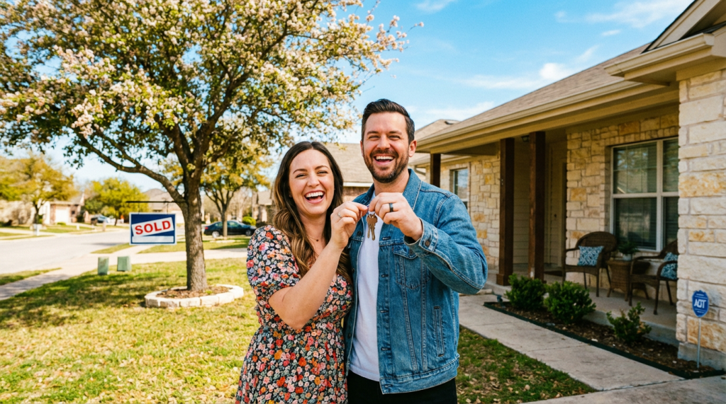 Smiling couple holding keys in front of house with sold sign