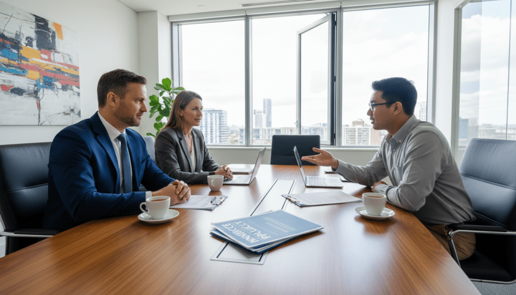 Three businesspeople talking across a conference table in an office with laptops and coffee cups
