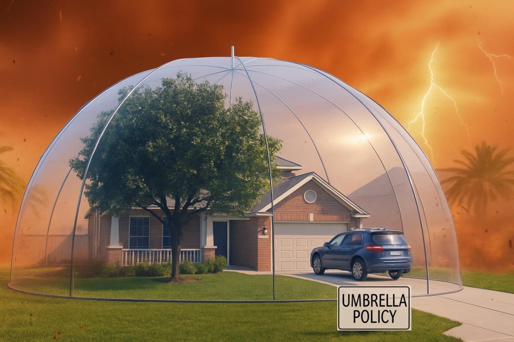 Suburban house and car inside transparent dome shelter during storm with lightning and debris